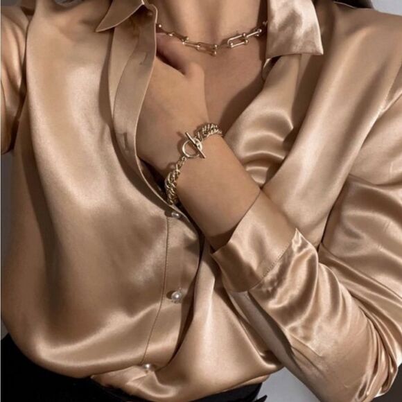 Silk gold long sleeve button up shirt - Picture 1 of 5